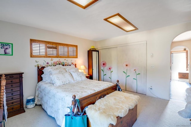 bedroom featuring multiple windows, light colored carpet, and a closet