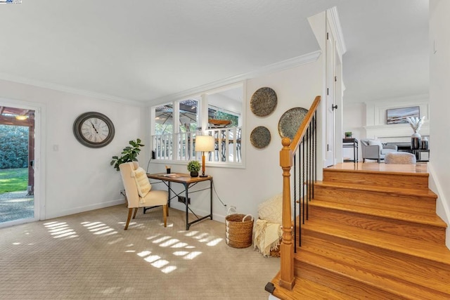 office space with light carpet and ornamental molding