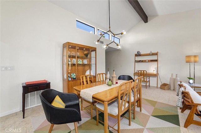 dining area with a chandelier, beam ceiling, and high vaulted ceiling