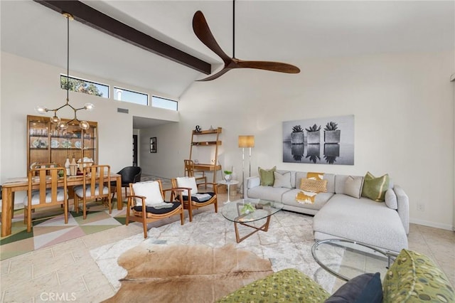 living room featuring ceiling fan, beamed ceiling, and high vaulted ceiling