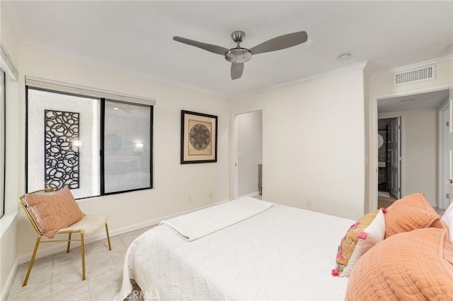 bedroom with ceiling fan and crown molding