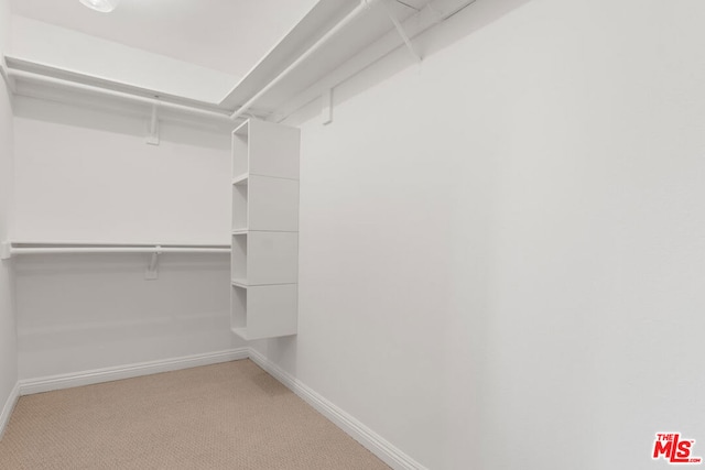 walk in closet featuring light carpet