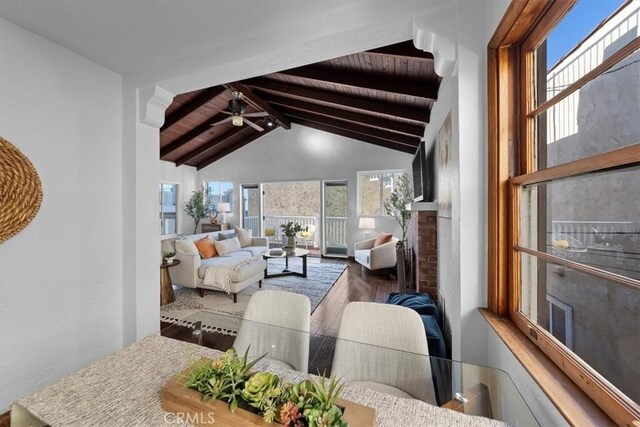 interior space featuring wood ceiling, ceiling fan, wood-type flooring, and lofted ceiling with beams