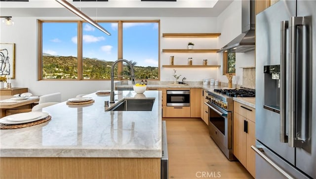 2456 Loy Ln, Los Angeles, CA 90041 - kitchen with modern cabinets, a sink, premium appliances, light brown cabinets, and wall chimney range hood