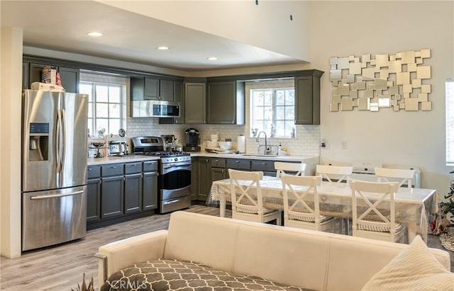 kitchen with appliances with stainless steel finishes, sink, light hardwood / wood-style flooring, and backsplash