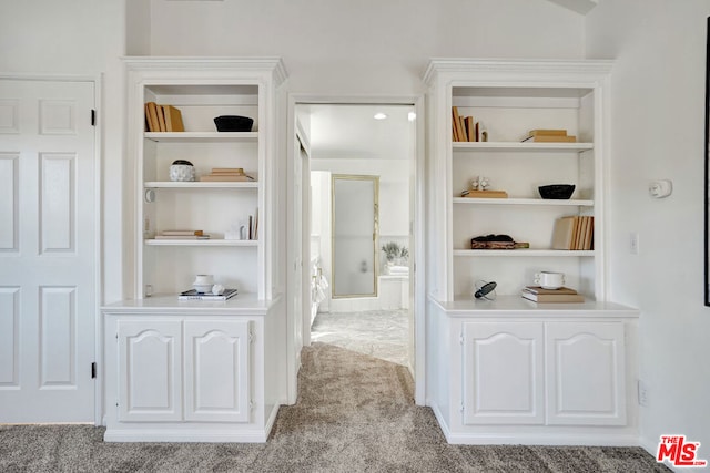 hall featuring light colored carpet and built in shelves