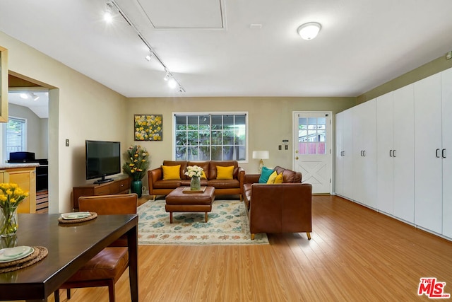 living room with track lighting and light wood-type flooring