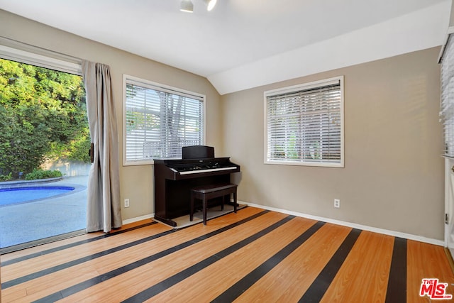 miscellaneous room featuring lofted ceiling and light hardwood / wood-style floors