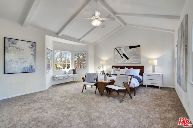 bedroom with vaulted ceiling with beams, ceiling fan, and carpet