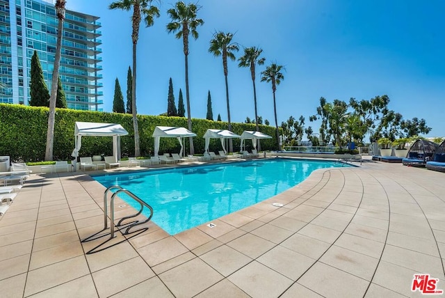 view of swimming pool featuring a patio area