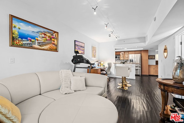 living room with dark hardwood / wood-style flooring and track lighting