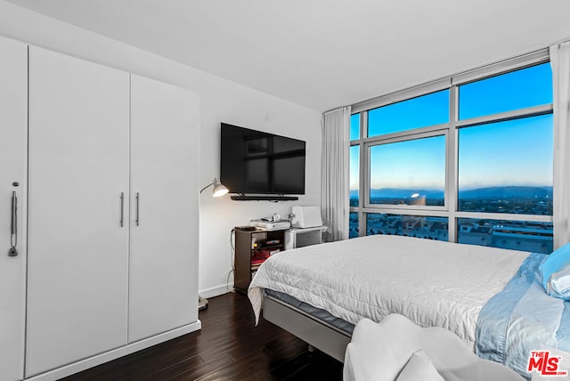 bedroom with dark hardwood / wood-style floors and expansive windows