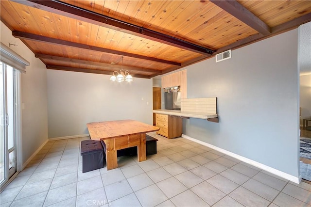 unfurnished dining area featuring beamed ceiling, light tile patterned floors, wood ceiling, and a chandelier