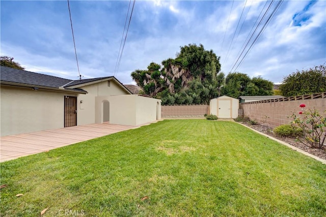 view of yard featuring a patio and a storage unit