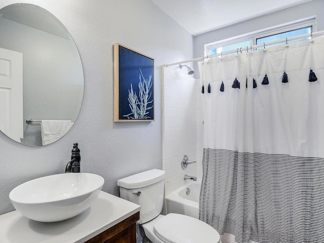 full bathroom with vanity, toilet, and shower / bathtub combination with curtain