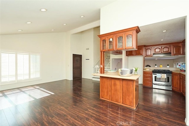 kitchen featuring stainless steel range with gas stovetop, kitchen peninsula, dark hardwood / wood-style flooring, and lofted ceiling