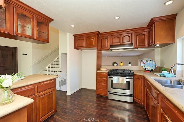 kitchen with stainless steel range with gas stovetop, dark hardwood / wood-style flooring, and sink