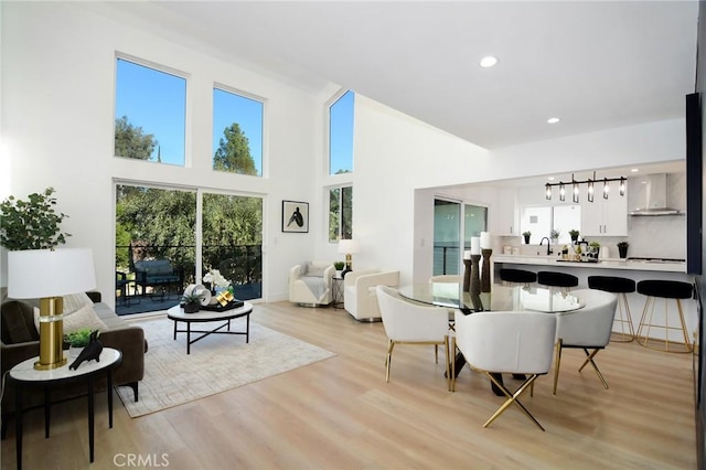 living room featuring light wood-type flooring, plenty of natural light, and sink