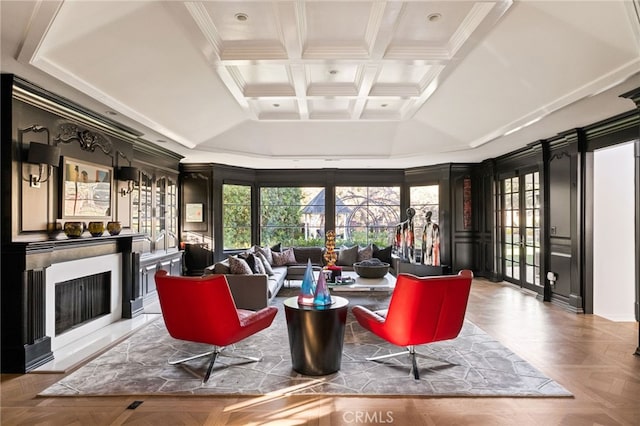 living room featuring crown molding, beamed ceiling, coffered ceiling, and light parquet floors