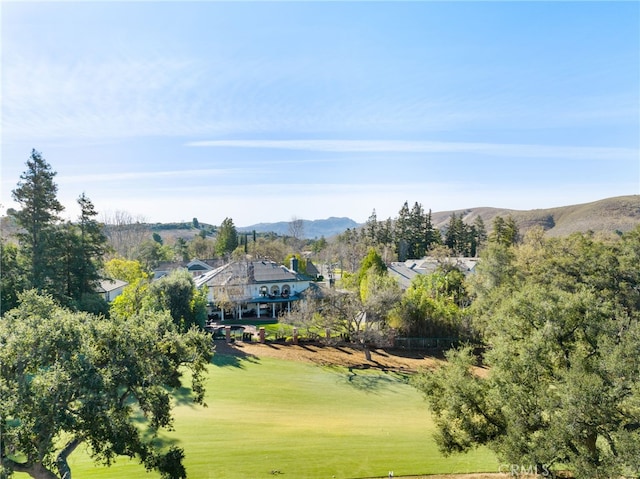 drone / aerial view featuring a mountain view