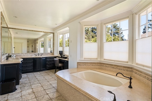 bathroom with vanity, a bath, and crown molding