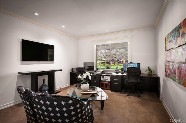 office space featuring baseboards, carpet floors, and ornamental molding