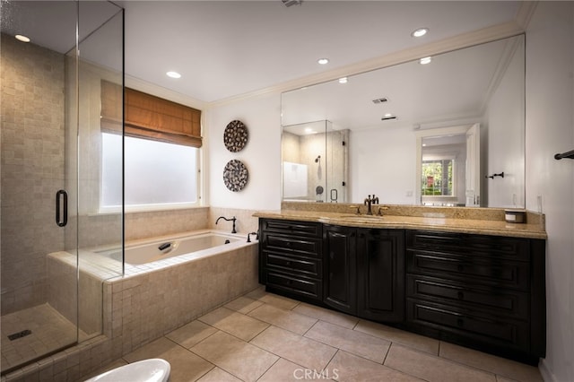 bathroom featuring a bath, a shower stall, vanity, and crown molding