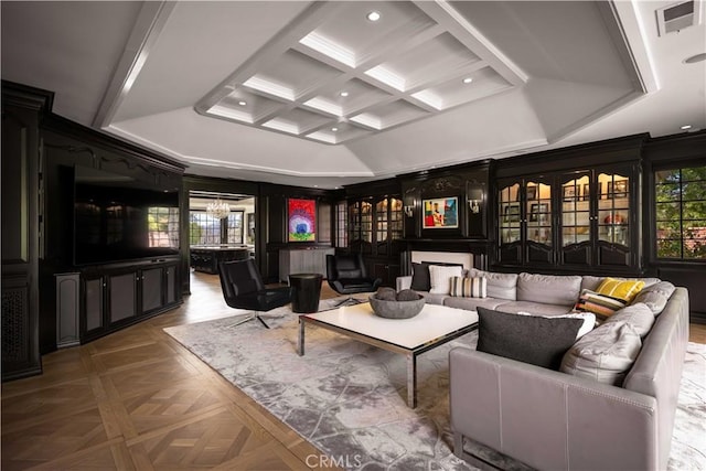 living area with recessed lighting, visible vents, coffered ceiling, and beamed ceiling