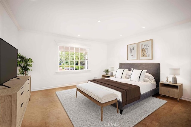bedroom featuring recessed lighting, baseboards, light carpet, and crown molding