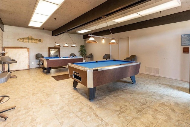 recreation room featuring concrete block wall, baseboards, visible vents, beamed ceiling, and pool table