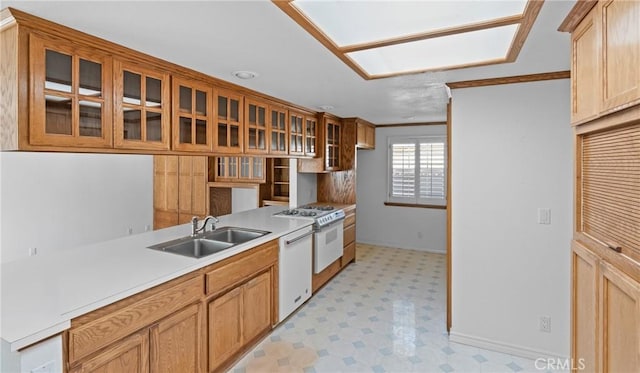 kitchen featuring sink, white appliances, and ornamental molding