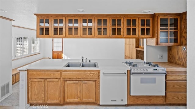 kitchen featuring sink, white appliances, and ornamental molding