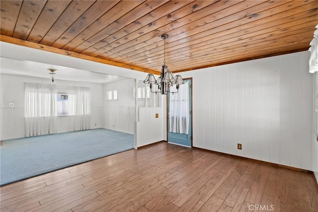 interior space with hardwood / wood-style flooring, a chandelier, wooden walls, and wooden ceiling