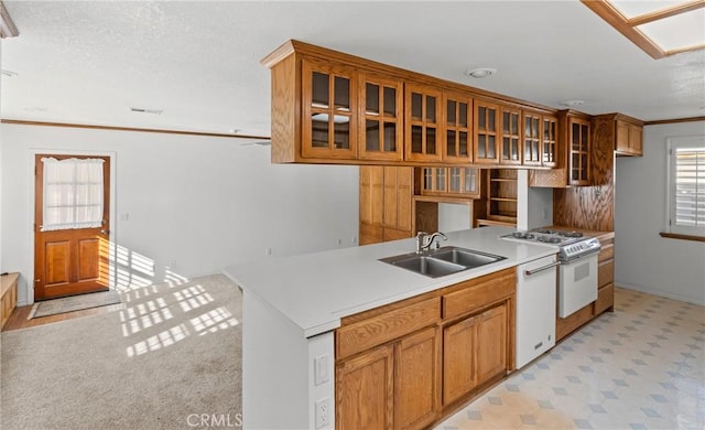 kitchen featuring kitchen peninsula, sink, dishwashing machine, gas range gas stove, and ornamental molding