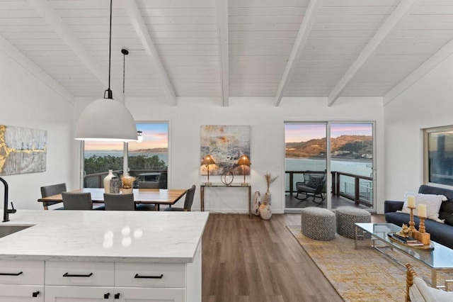 kitchen featuring pendant lighting, hardwood / wood-style floors, light stone counters, and white cabinets