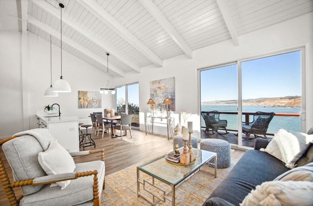 living room featuring sink, beam ceiling, light hardwood / wood-style floors, and a water view