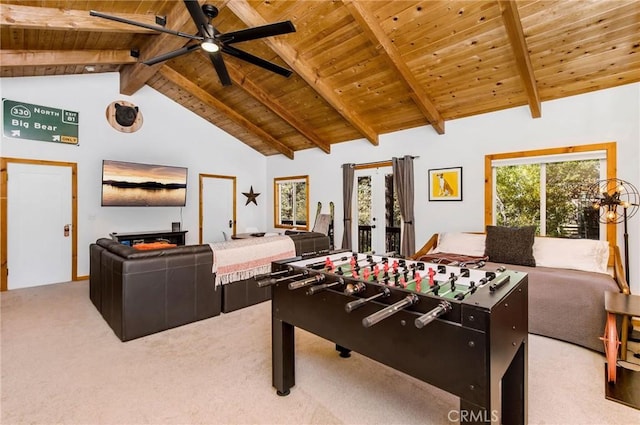 playroom featuring high vaulted ceiling, light colored carpet, beam ceiling, and wooden ceiling