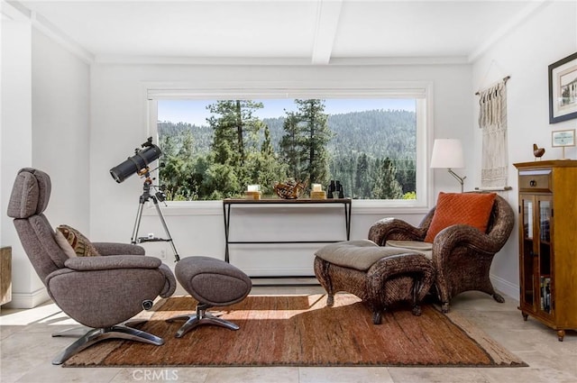 living area with a wealth of natural light, beamed ceiling, and crown molding