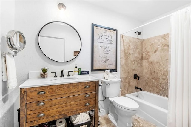 full bathroom with toilet, vanity, and shower / bathtub combination with curtain