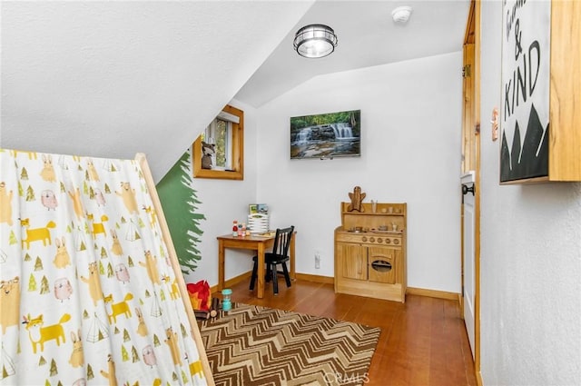 interior space featuring hardwood / wood-style floors and vaulted ceiling