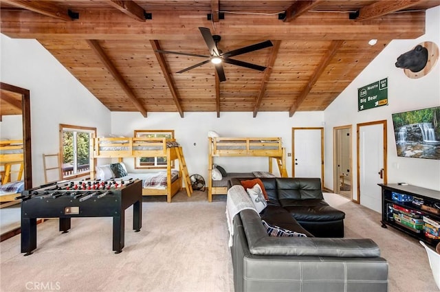 recreation room featuring beamed ceiling, carpet flooring, wooden ceiling, and high vaulted ceiling