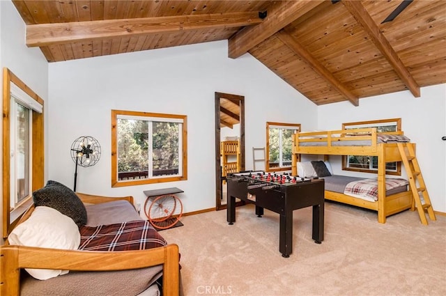 recreation room featuring light carpet, beamed ceiling, high vaulted ceiling, and wood ceiling