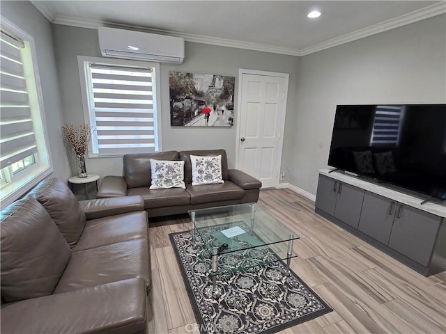 living room featuring light hardwood / wood-style flooring, a wall mounted AC, and crown molding