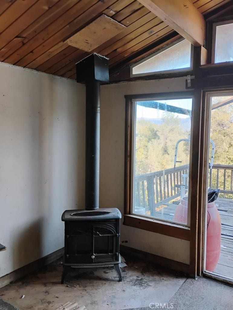 room details with wooden ceiling and a wood stove