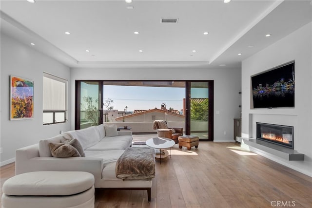 living room with light hardwood / wood-style floors and a tray ceiling