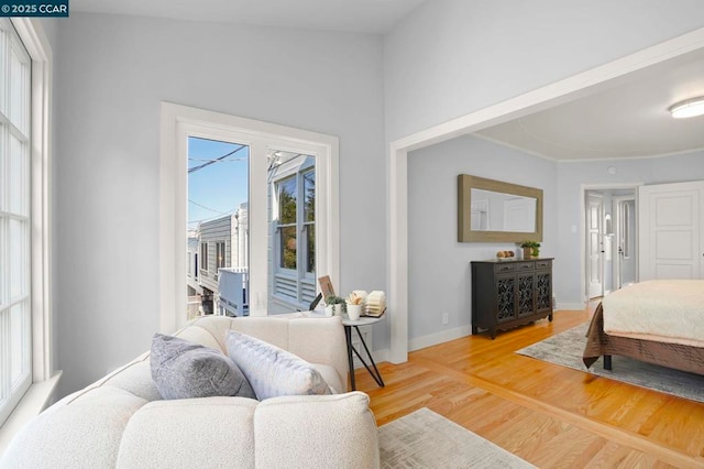 bedroom with hardwood / wood-style floors, multiple windows, and access to outside