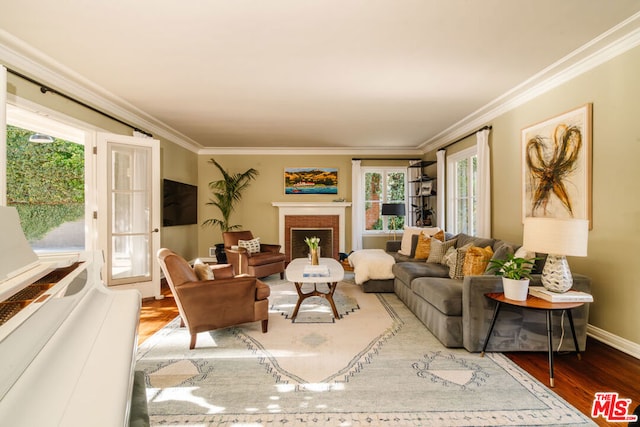 living room with hardwood / wood-style flooring, crown molding, and a wealth of natural light