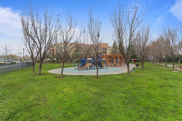 view of jungle gym with a lawn