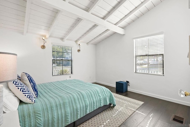 bedroom featuring wooden ceiling, lofted ceiling with beams, and dark hardwood / wood-style floors