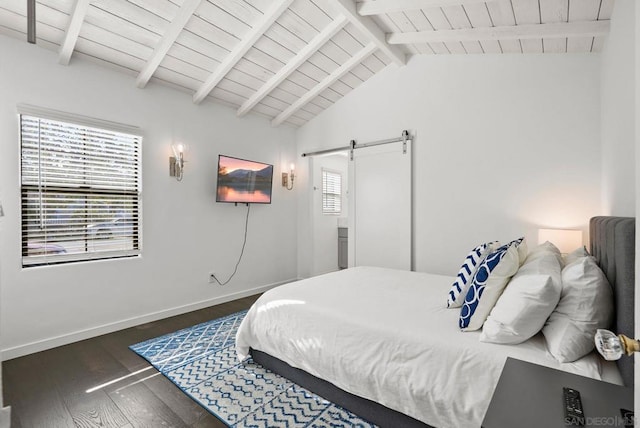 bedroom featuring wooden ceiling, lofted ceiling with beams, dark hardwood / wood-style floors, and a barn door